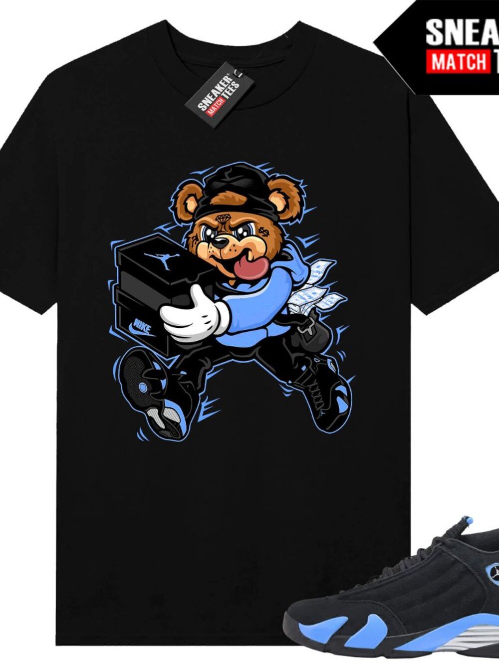 Black Shirt To Match Retro 14 University Blue- Bear Sneaker Heist- Sneaker Match